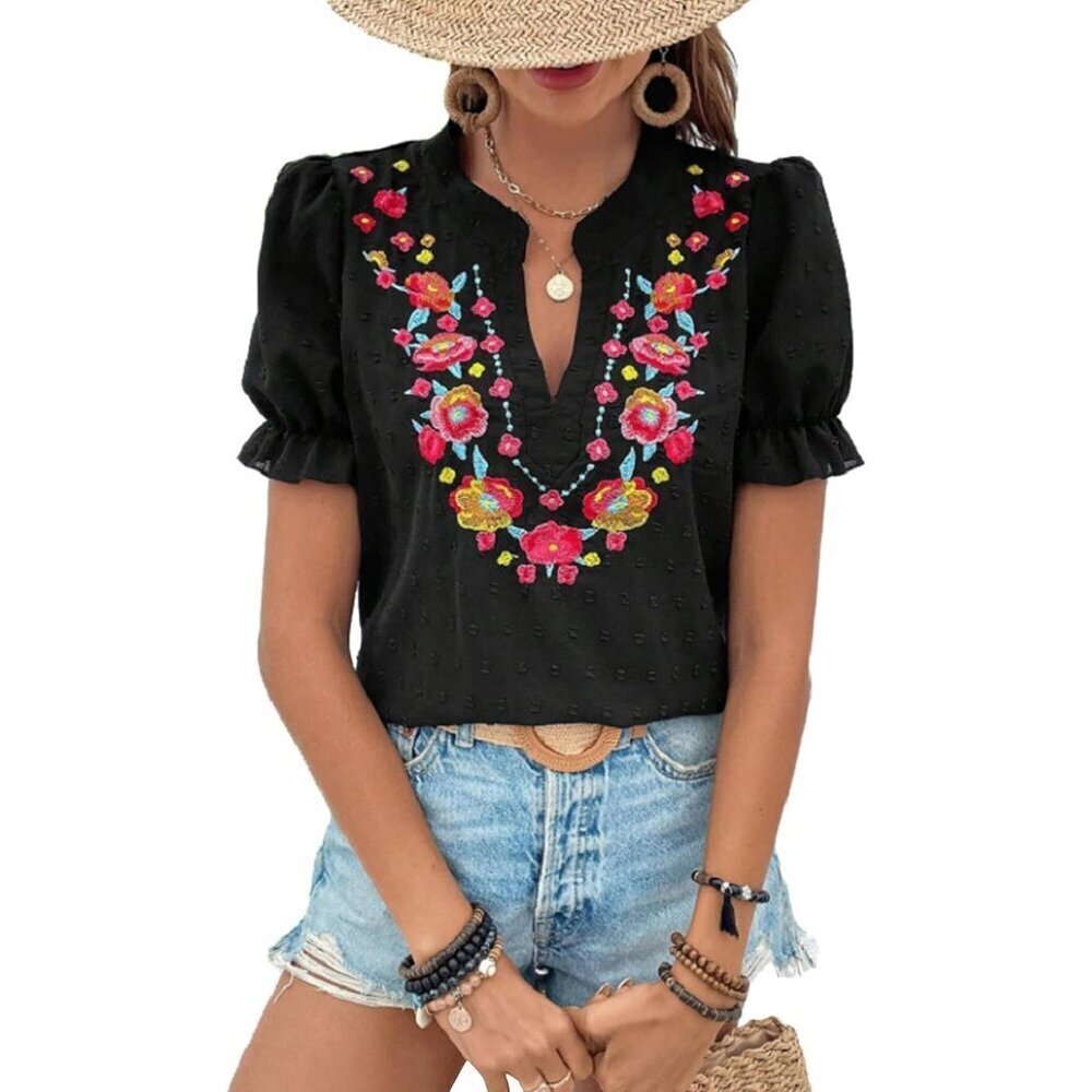 Women's Floral Embroidered V Neck Boho Short Puff Sleeve Blouses Loose Summer To